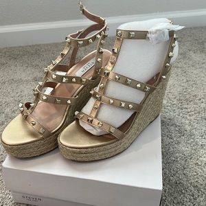 Steven gold studded espadrille wedge.